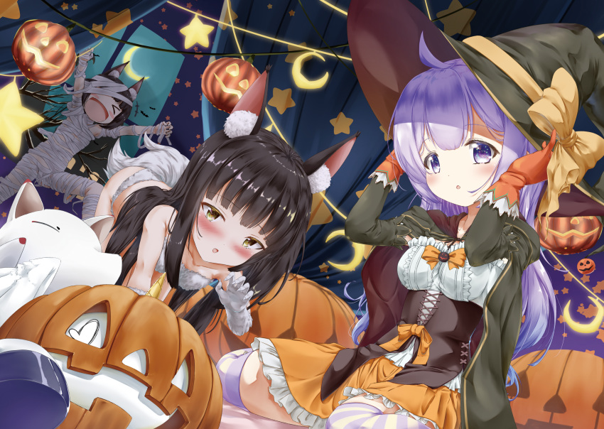 &gt;_&lt; 3girls :d absurdres ahoge all_fours alternate_costume animal_ears arms_up azur_lane bandages bat bed_sheet black_cape black_eyes black_hair blush cape claw_pose commentary_request crescent crescent_moon curtains fox_ears frilled_skirt frills gloves halloween hat highres jack-o'-lantern long_hair looking_at_viewer moon multiple_girls mummy_costume mutsu_(azur_lane) nagato_(azur_lane) open_mouth orange_gloves parted_lips pumpkin purple_hair short_hair skirt smile striped striped_legwear tail thigh-highs unicorn_(azur_lane) violet_eyes wakamoto_riwo witch_hat wolf_tail xd zettai_ryouiki