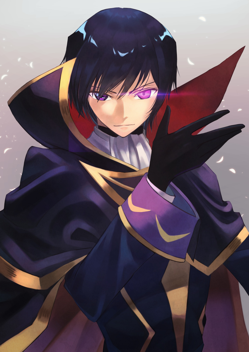 1boy absurdres brown_hair cape code_geass commentary geass glowing glowing_eye grey_background highres kurai_munio lelouch_lamperouge looking_at_viewer open_hand solo violet_eyes