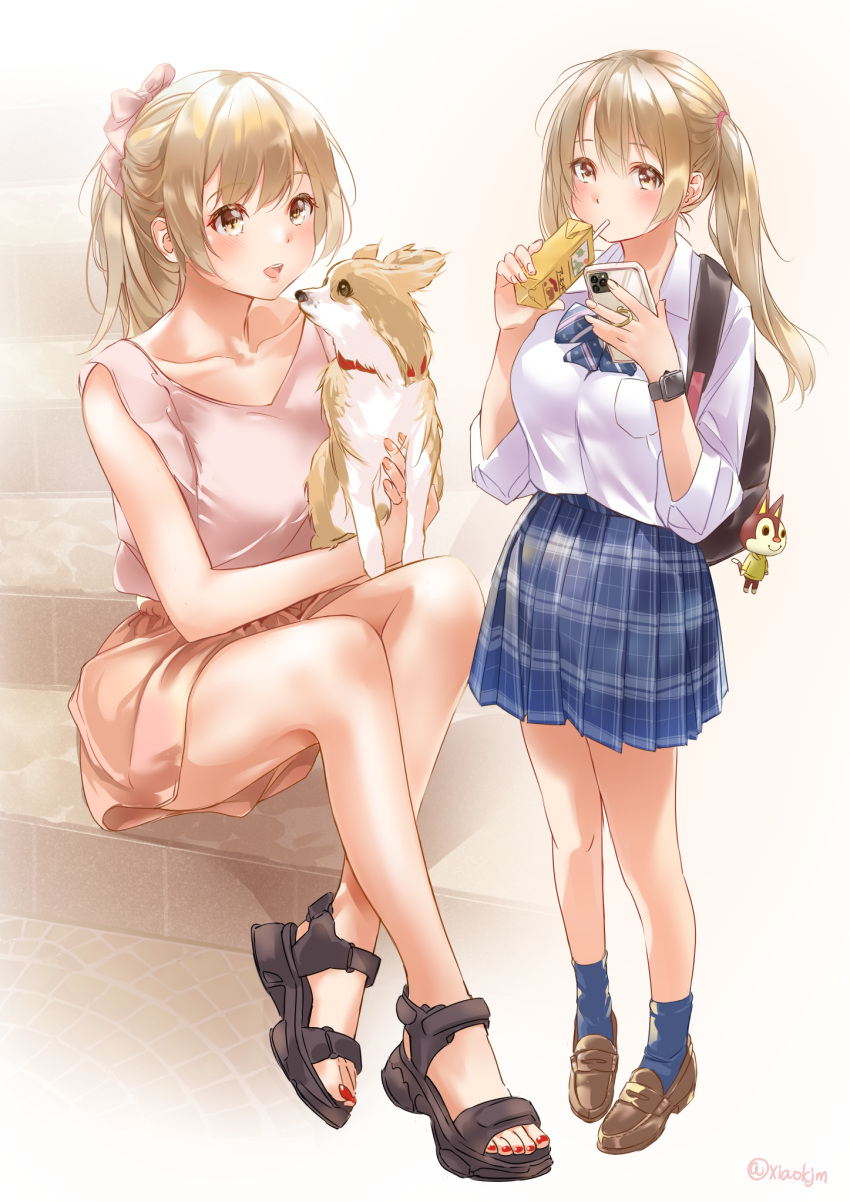 1girl animal_ears bag bangs bare_legs blue_legwear blue_neckwear blue_skirt blush bow bowtie breast_pocket breasts brown_eyes brown_footwear carton cellphone charm_(object) collar collared_shirt dog_ears drink drinking drinking_straw full_body hair_bow highres holding holding_drink holding_phone jewelry koji_(kojikojimdw) large_breasts light_brown_hair long_hair long_sleeves mary_janes nail_polish open_toe_shoes original phone pink_bow pink_shirt pink_shorts plaid plaid_skirt pleated_skirt pocket ponytail red_collar ring sandals school_bag school_uniform shirt shirt_tucked_in shoes shorts sidelocks signature simple_background sitting sitting_on_stairs skirt sleeveless sleeveless_shirt smartphone socks stairs toenail_polish twintails uniform v-neck watch welsh_corgi white_background white_collar