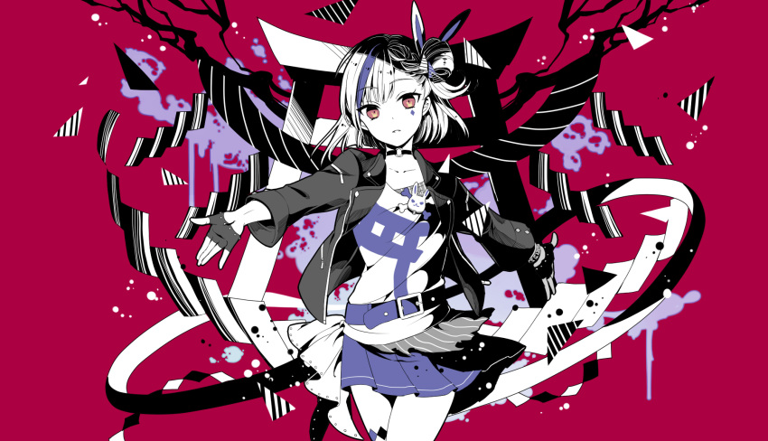1girl angel_(vocaloid) bangs bati15 belt bracelet choker cowboy_shot eyebrows_visible_through_hair fingerless_gloves gloves hair_ornament highres jacket jewelry layered_clothing limited_palette multicolored_hair official_art one_side_up open_arms open_clothes open_jacket pleated_skirt purple_hair red_eyes shirt short_hair skirt solo streaked_hair symbol_in_eye tenjin_kotone tenjin_kotone_(channel) thigh_strap torii virtual_youtuber white_hair