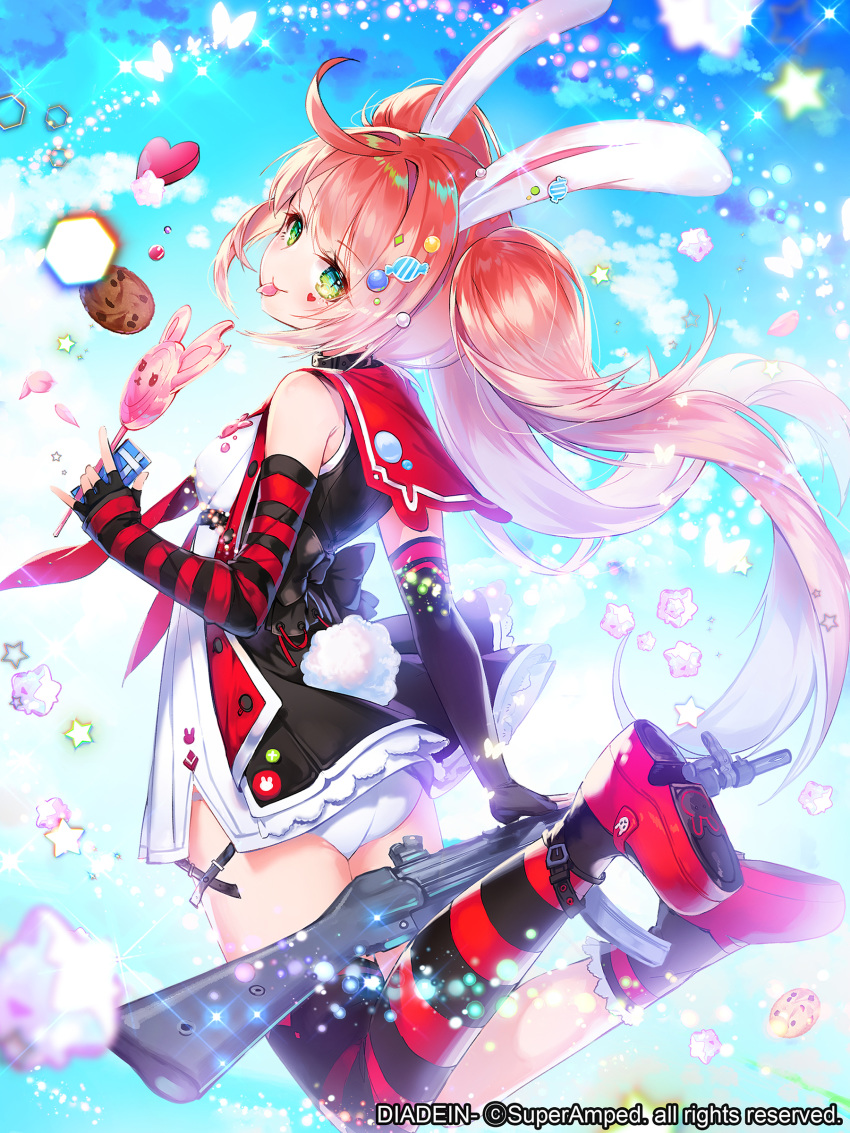 1girl animal_ears apple_caramel ass black_bow black_legwear blue_sky bow candy company_name day detached_sleeves food full_body green_eyes gun heart heart_tattoo highres holding holding_food lollipop long_hair official_art outdoors panties rabbit_ears red_legwear redhead school_uniform serafuku sky solo striped striped_legwear tattoo thigh-highs tongue tongue_out twintails two-tone_legwear underwear very_long_hair weapon white_butterfly white_panties