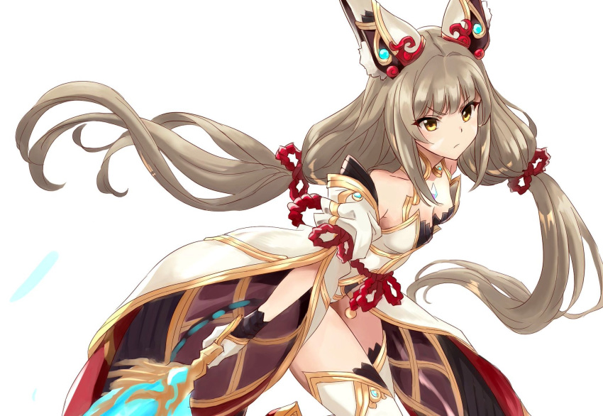 angry animal_ears breasts chest_jewel cowboy_shot detached_sleeves facial_mark highres leotard long_hair low_twintails nia_(blade)_(xenoblade) nia_(xenoblade) pyra_rin silver_hair simple_background small_breasts thigh-highs twintails very_long_hair white_background xenoblade_chronicles_(series) xenoblade_chronicles_2 yellow_eyes