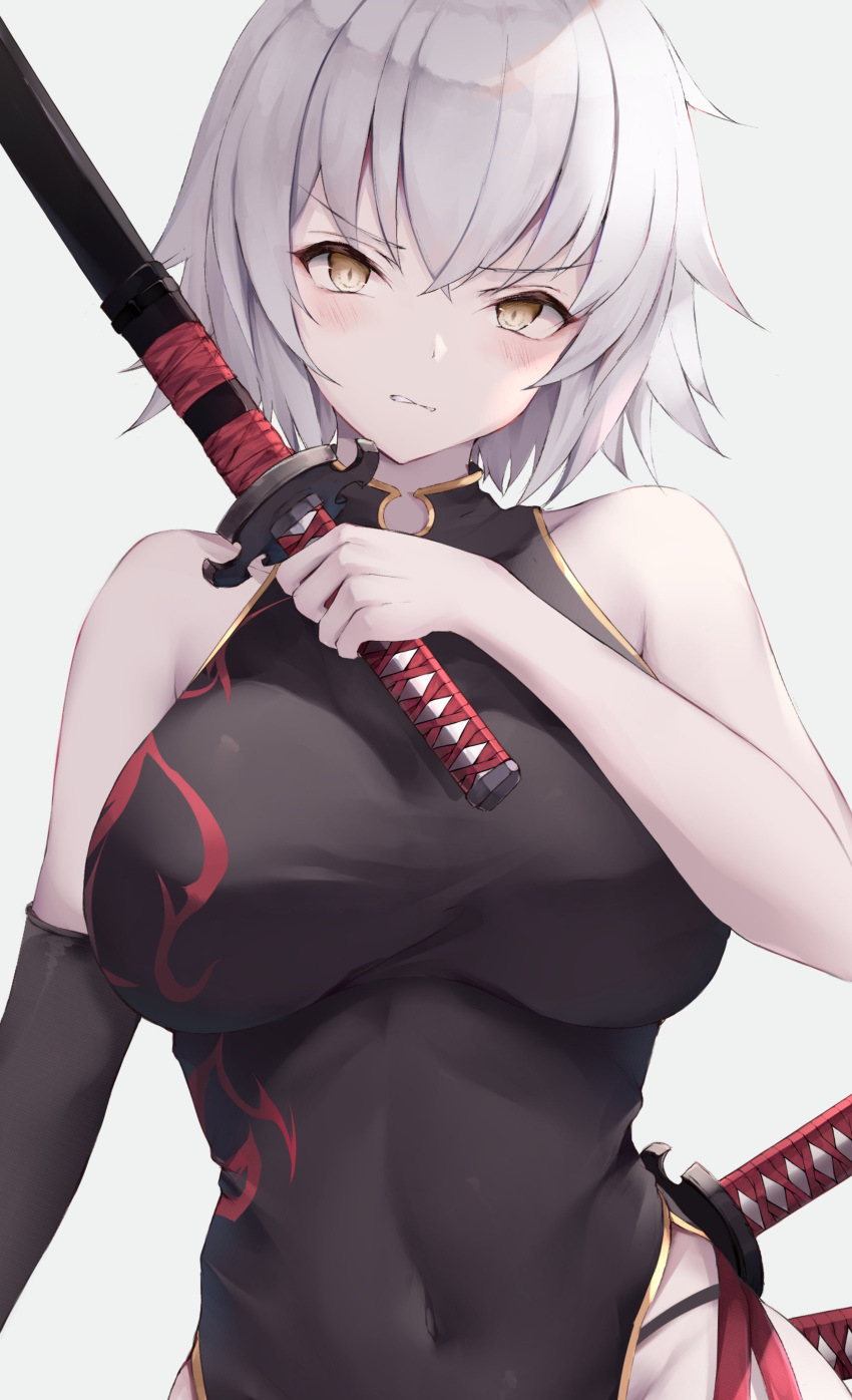 1girl absurdres ahoge bangs bare_shoulders black_dress black_gloves blush breasts china_dress chinese_clothes clenched_teeth covered_navel cropped dress elbow_gloves fate/grand_order fate_(series) gloves highres jeanne_d'arc_(alter)_(fate) jeanne_d'arc_(fate)_(all) katana kisaki_oni large_breasts long_hair looking_at_viewer pelvic_curtain sheath side_slit silver_hair single_elbow_glove sword teeth very_long_hair weapon yellow_eyes