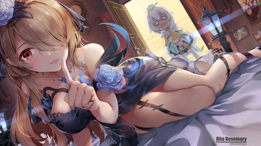 2girls artist_name bed_sheet black_dress black_veil blue_flower blue_rose breasts character_name chibi clock dated dress dutch_angle finger_to_mouth flower fur_trim hair_over_one_eye highres homu_(honkai_impact) honkai_(series) honkai_impact_3rd indoors jewelry lantern large_breasts leyuan_zhuifang light_brown_hair long_hair looking_at_viewer multiple_girls necklace o_o on_bed open_door pov red_eyes rita_rossweisse rita_rossweisse_(fallen_rosemary) rose silver_hair surprised theresa_apocalypse theresa_apocalypse_(starlit_astrologos) wall_clock zhuge_kongming_(honkai_impact)