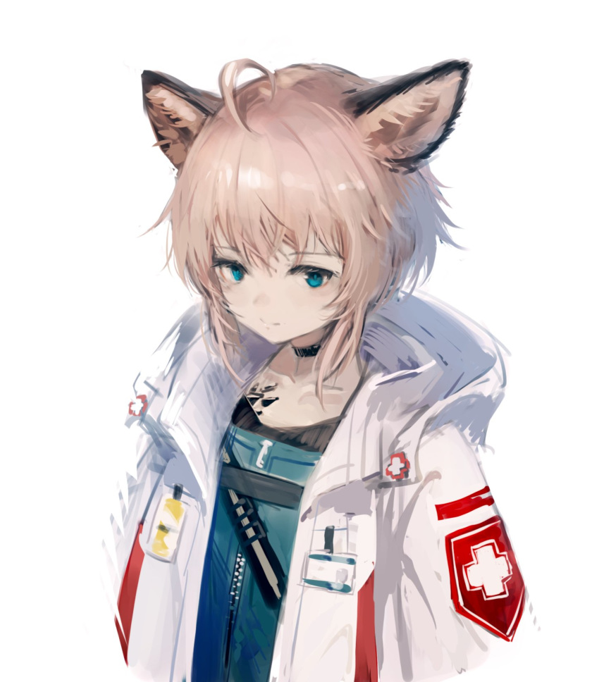 1girl ahoge animal_ears arknights black_choker blue_eyes choker closed_mouth coat eyelashes flat_chest fox_ears hara_shoutarou highres light_brown_hair looking_at_viewer name_tag open_clothes open_coat oripathy_lesion_(arknights) red_cross short_hair simple_background smile solo strap sussurro_(arknights) upper_body white_background white_coat zipper