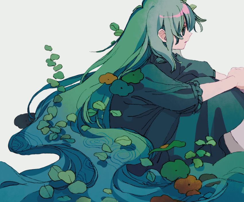 1girl absurdly_long_hair closed_mouth dress feet_out_of_frame from_side green_dress green_eyes green_hair ka_(marukogedago) long_dress long_hair original simple_background sitting solo very_long_hair white_background