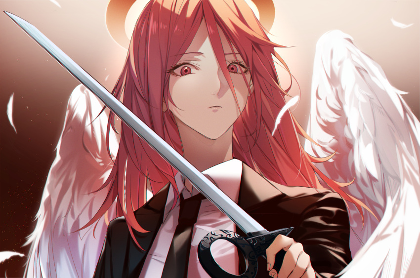 1boy androgynous angel angel_devil_(chainsaw_man) angel_wings black_neckwear black_suit business_suit chainsaw_man closed_mouth collared_shirt commentary expressionless feathered_wings feathers formal gradient gradient_background hair_between_eyes halo highres holding holding_sword holding_weapon long_hair looking_at_viewer male_focus matsunaga777 necktie red_eyes redhead shirt simple_background solo suit sword upper_body weapon white_shirt white_wings wings