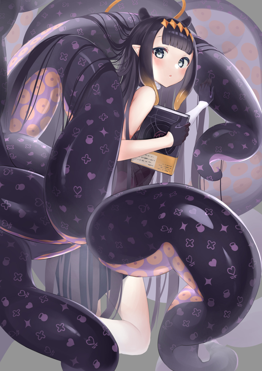 1girl :o absurdres bangs black_dress black_gloves blunt_bangs book detached_sleeves dress gloves grey_background grey_eyes halo highres holding holding_book hololive long_hair looking_at_viewer looking_back mole mole_under_eye nametarou_(meron) ninomae_ina'nis pointy_ears purple_hair simple_background single_detached_sleeve single_thighhigh solo standing standing_on_one_leg strapless tentacles thigh-highs virtual_youtuber