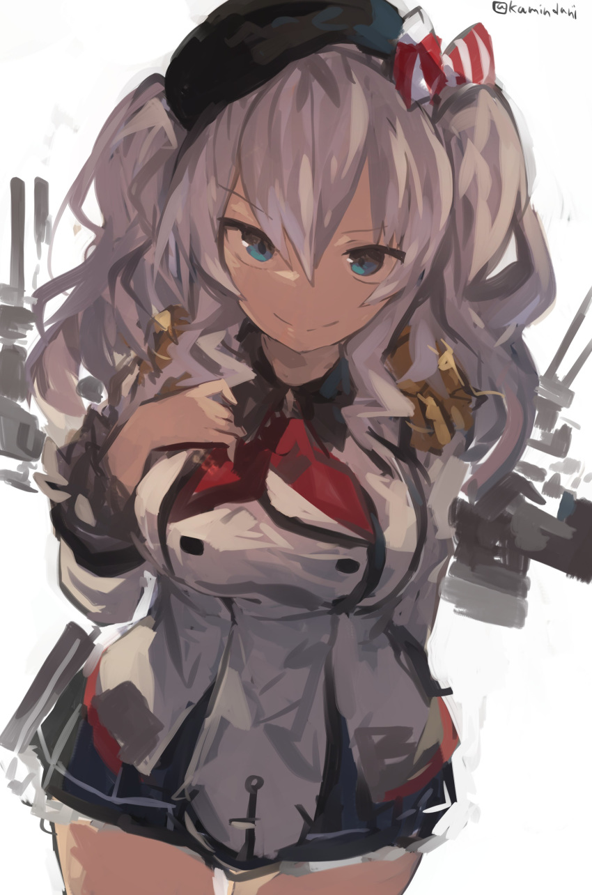 1girl absurdres beret black_headwear black_skirt blue_eyes closed_mouth collared_shirt cowboy_shot double-breasted epaulettes eyebrows_visible_through_hair grey_shirt hair_between_eyes hat highres jacket kaamin_(mariarose753) kantai_collection kashima_(kantai_collection) kerchief long_hair long_sleeves military military_uniform pleated_skirt red_neckwear shirt silver_hair simple_background skirt smile solo twintails twitter_username uniform white_background white_jacket