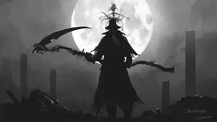 1other alien ambiguous_gender artist_name bloodborne blurry blurry_background burial_blade capelet coat commentary copyright_name eldritch_abomination facing_away flying grey_hair greyscale hat highres holding holding_scythe holding_weapon hunter_(bloodborne) long_hair monochrome monster moon moon_presence outdoors pillar ponytail scythe sky torn_capelet tripdancer weapon