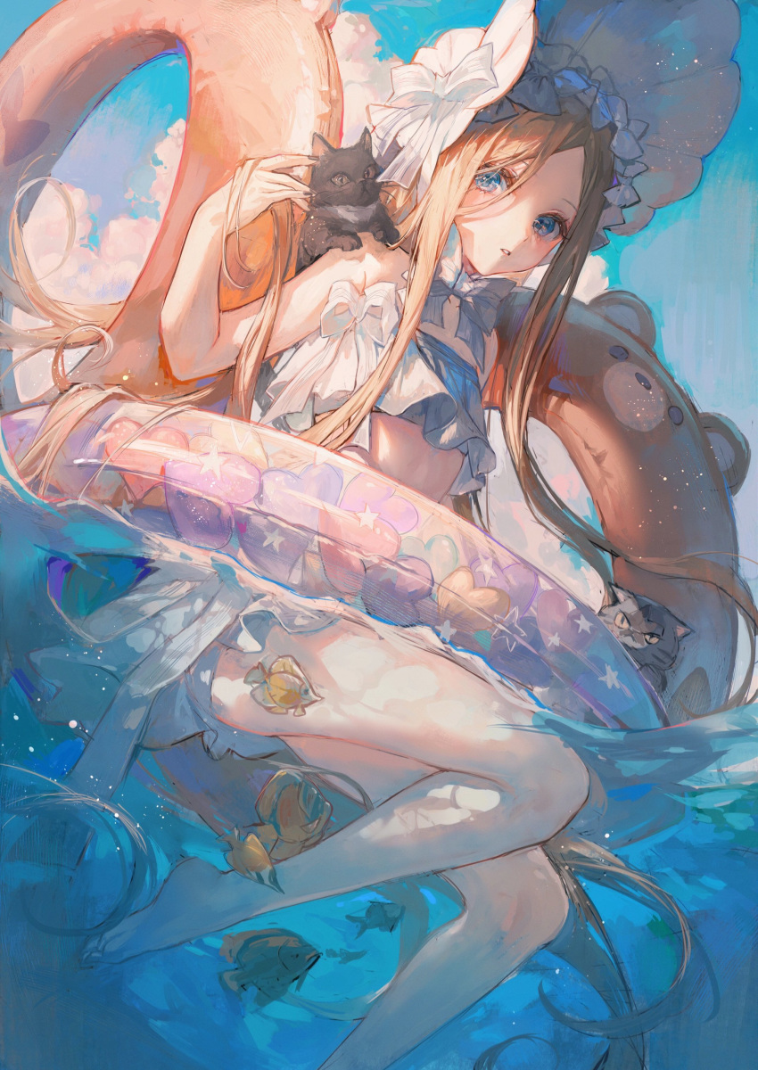 1girl abigail_williams_(fate/grand_order) abigail_williams_(swimsuit_foreigner)_(fate) absurdres animal animal_on_shoulder bangs barefoot bikini black_cat blonde_hair blue_eyes bonnet cat clouds day fate/grand_order fate_(series) fish frilled_bikini frills highres innertube long_hair maccha_(mochancc) outdoors parted_bangs parted_lips partially_submerged sky swimsuit very_long_hair water white_bikini white_headwear