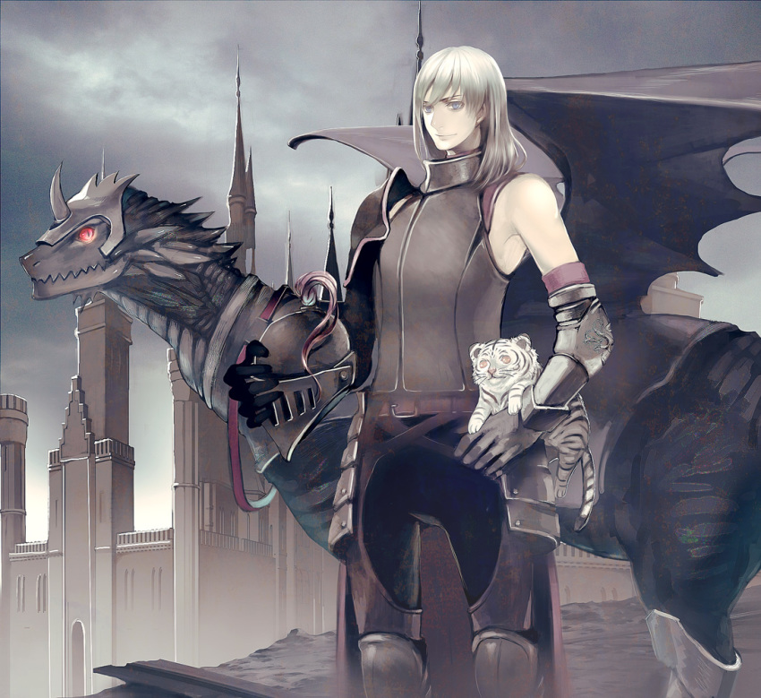 1boy 1girl adalbert_(pixiv_fantasia) animal armor blue_eyes breastplate castle cub dragon fantasy gauntlets greaves grey_hair helmet holding holding_animal holding_helmet kitty_blanche_(pixiv_fantasia) nicole_pmonachi outdoors pixiv_fantasia pixiv_fantasia_sword_regalia shoulder_armor tiger tiger_cub white_tiger