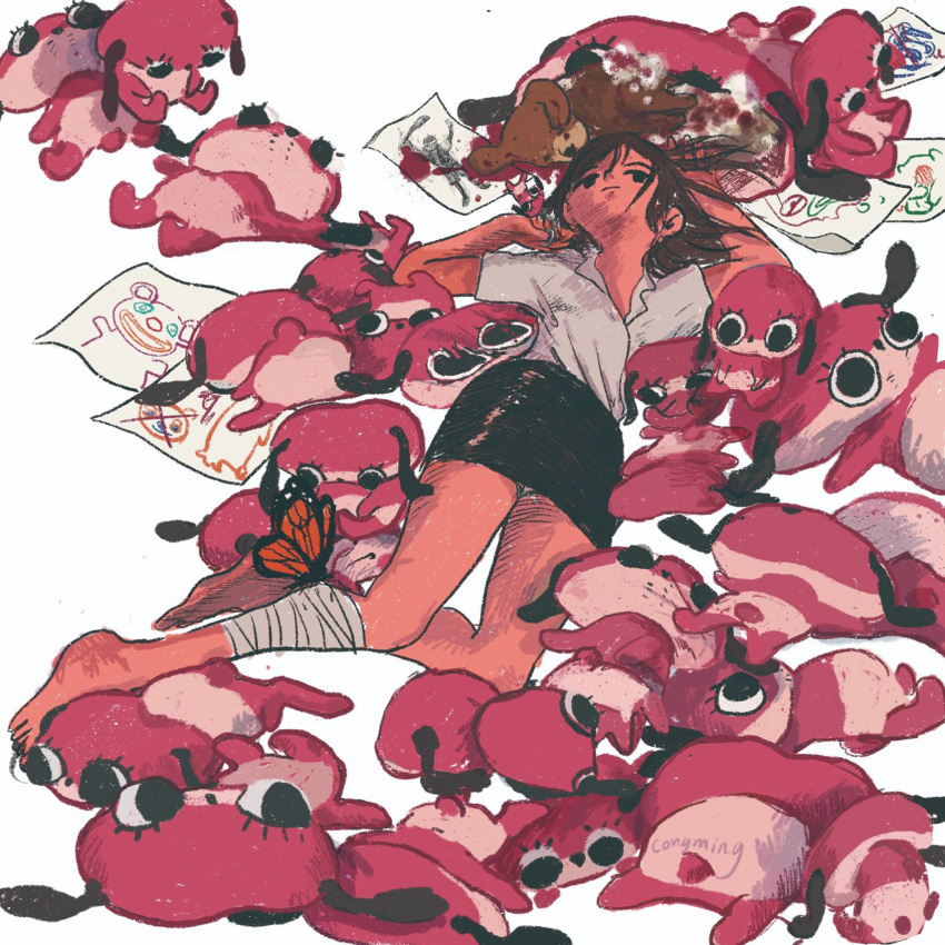 1girl artist_name bandaged_leg bandages black_skirt brown_hair bug butterfly closed_mouth congming33 drawing full_body highres insect long_hair lying maromi mousou_dairinin on_back original paper pencil_skirt shirt short_sleeves simple_background skirt solo stuffed_animal stuffed_dog stuffed_toy white_background white_shirt