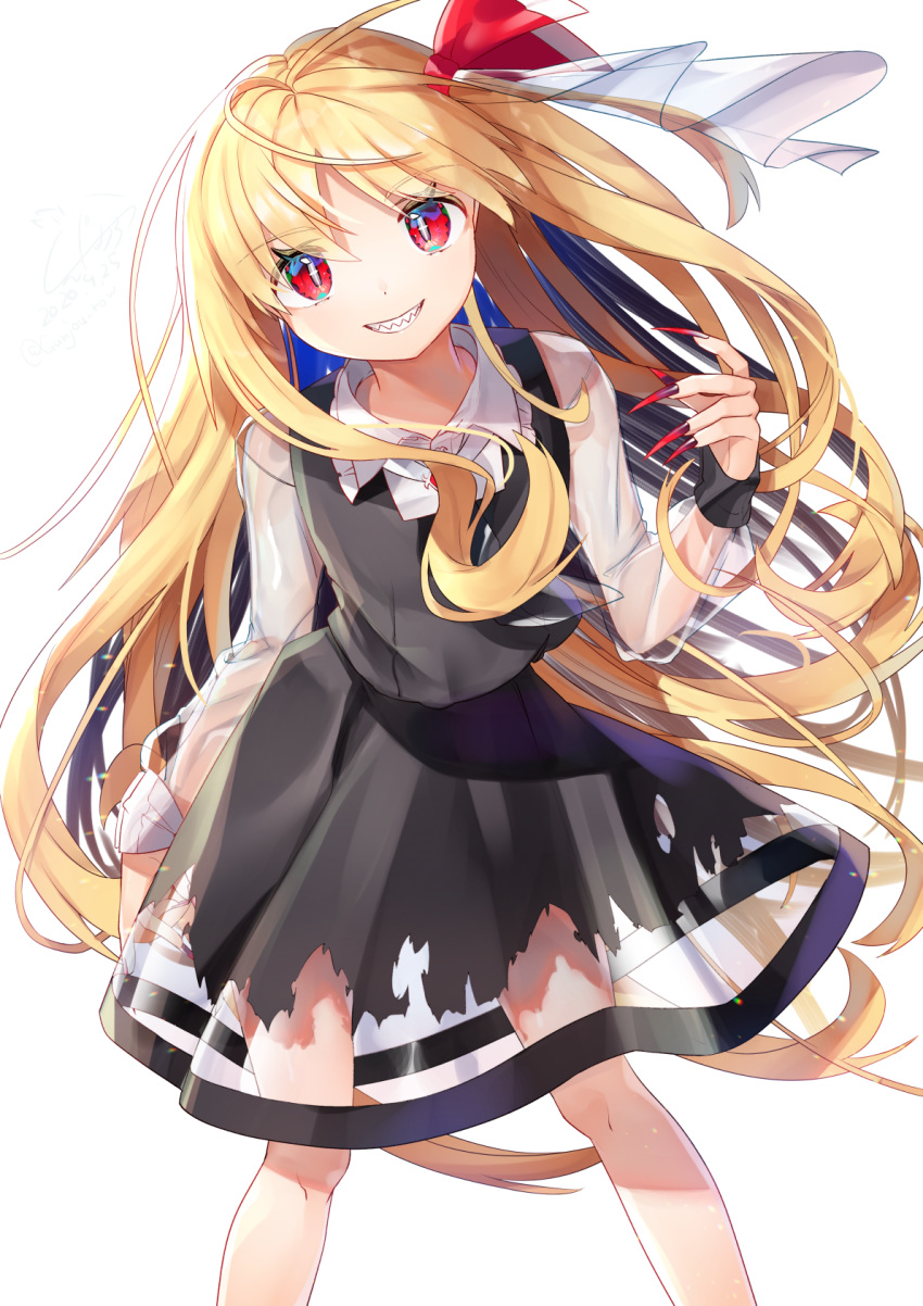 1girl :d alternate_hair_length alternate_hairstyle antenna_hair bangs black_dress blonde_hair bow commentary_request dated dress eyebrows_visible_through_hair eyes_visible_through_hair feet_out_of_frame fingernails frilled_shirt_collar frills gradient_nails gunjou_row hair_bow highres leaning_forward long_hair long_sleeves looking_at_viewer multicolored multicolored_eyes nail_polish open_mouth parted_bangs red_eyes red_nails rumia see-through see-through_skirt see-through_sleeves sharp_fingernails sharp_teeth sheer_clothes shirt sidelocks signature simple_background skirt smile solo standing teeth touhou twitter_username very_long_fingernails very_long_hair white_background white_shirt wing_collar wrist_cuffs