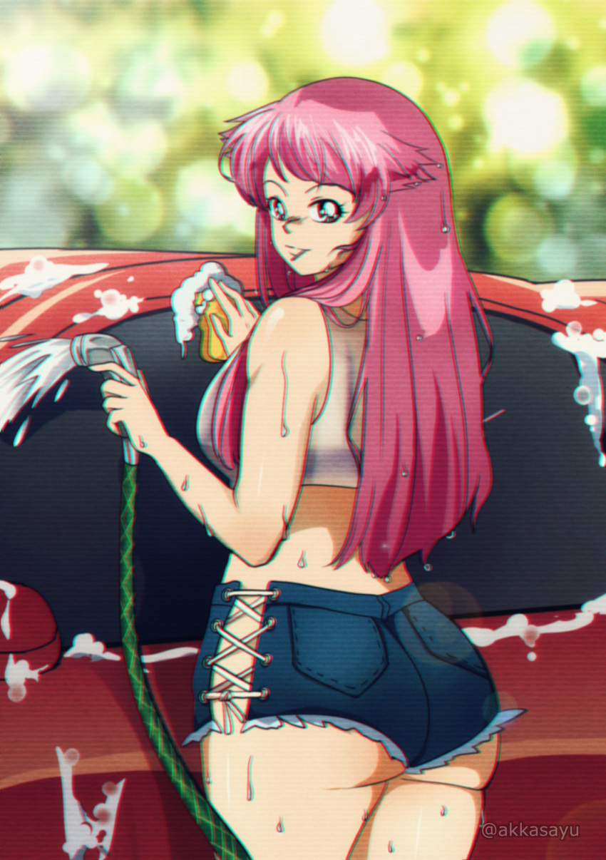 1980s_(style) absurdres akkasayu artist_name ass brown_eyes car chromatic_aberration commission english_commentary from_behind ground_vehicle highres holding_hose long_hair looking_back motor_vehicle oldschool original pink_hair short_shorts shorts
