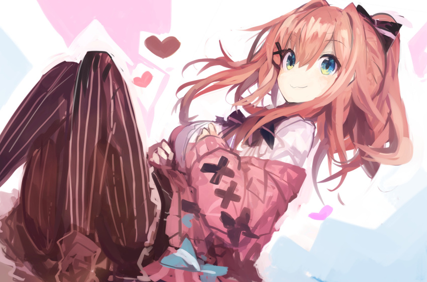 1girl :3 absurdres black_bow bow bowtie breasts cardigan closed_mouth commentary_request hair_between_eyes hair_bow hair_ornament heart highres kaamin_(mariarose753) long_hair nijisanji pantyhose pink_bow pink_cardigan ponytail shirt sitting skirt solo striped striped_legwear suzuhara_lulu vertical-striped_legwear vertical_stripes virtual_youtuber white_shirt x_hair_ornament