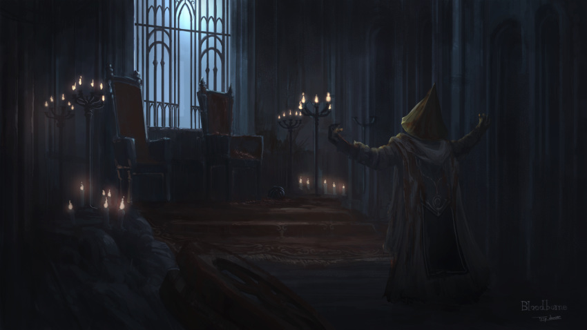 1boy alfred_(bloodborne) annalise_queen_of_the_vilebloods arms_up blood bloodborne brown_gloves candle candlelight candlestand cape carpet chair commentary copyright_name facing_away gloves helmet highres hood hood_down indoors logarius_wheel red_carpet robe solo spoilers standing tripdancer weapon white_cape white_robe window