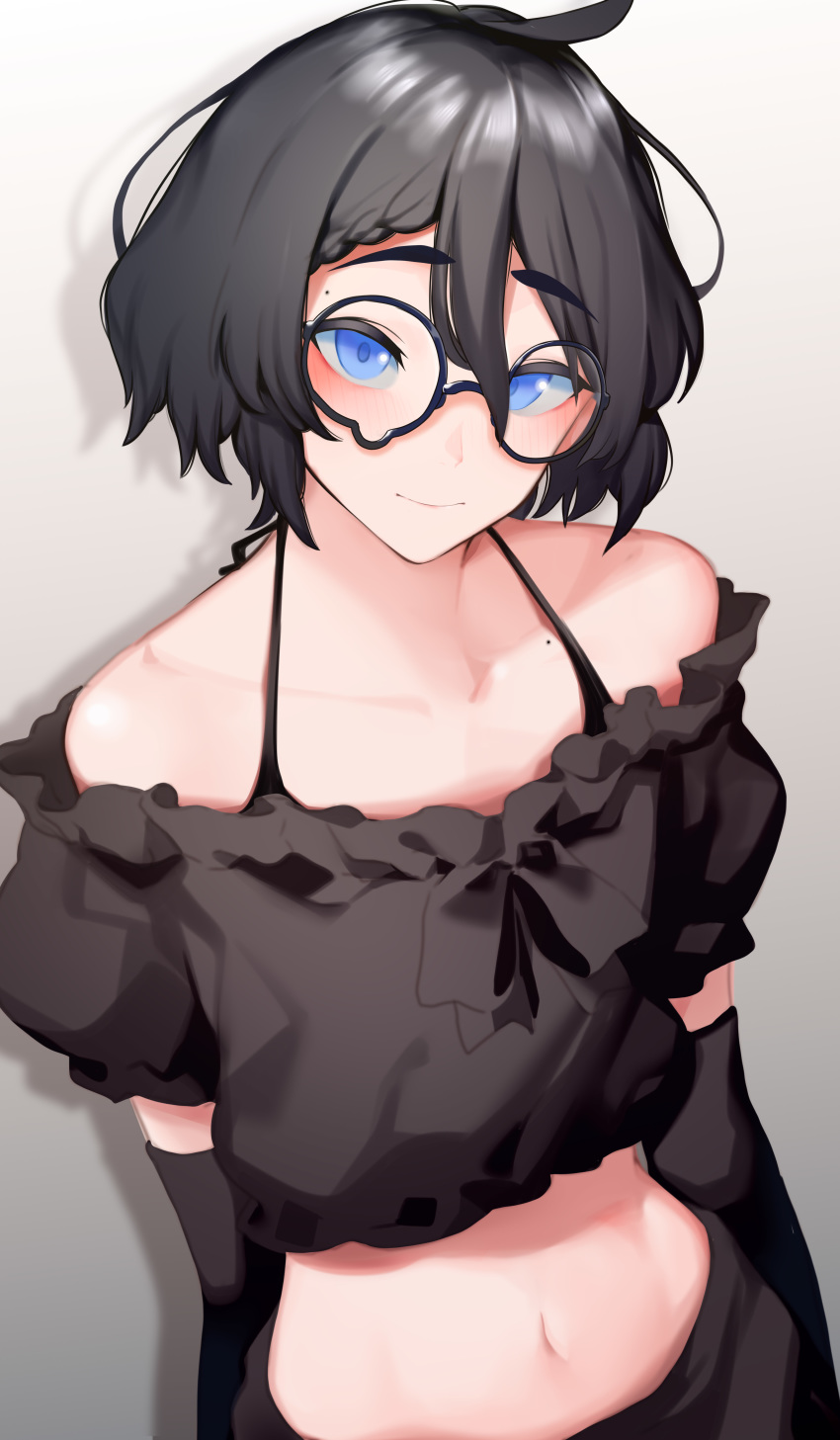 1boy absurdres bangs bare_shoulders black-framed_eyewear black_hair black_shorts black_sleeves blue_eyes blush braid closed_mouth collarbone commentary crop_top crossdressinging detached_sleeves glasses gradient gradient_background grey_background hair_between_eyes halterneck highres indie_virtual_youtuber kushizaki_(vtuber) long_sleeves looking_at_viewer midriff navel puffy_short_sleeves puffy_sleeves round_eyewear short_hair short_sleeves shorts smile solo st_(youx1119) stomach upper_body virtual_youtuber