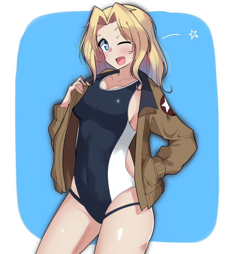 1girl ;d absurdres antyobi0720 black_swimsuit blonde_hair blue_background blue_eyes breasts brown_jacket commentary competition_swimsuit covered_navel cowboy_shot emblem girls_und_panzer hair_intakes hand_in_hair highres jacket kay_(girls_und_panzer) large_breasts long_hair long_sleeves looking_at_viewer military military_uniform multi-strapped_swimsuit one-piece_swimsuit one_eye_closed open_clothes open_jacket open_mouth opened_by_self rounded_corners saunders_military_uniform side_cutout smile solo standing star_(symbol) swimsuit uniform