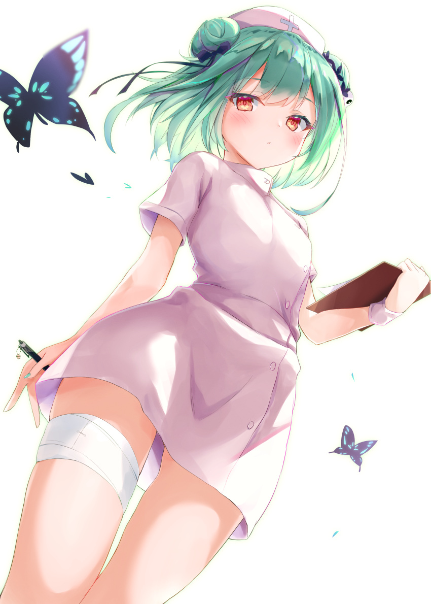 1girl absurdres bandaged_leg bandages bangs blush bow breasts bug butterfly buttons clipboard cowboy_shot double_bun dress eyebrows_visible_through_hair green_hair green_nails hair_bow hair_ornament hair_ribbon hat highres holding holding_clipboard holding_pen hololive insect looking_at_viewer nail_polish nurse nurse_cap pen raised_eyebrows red_eyes ribbon short_dress short_hair short_sleeves simple_background skindentation skull_hair_ornament small_breasts solo thigh_strap toshizou_(0714) uruha_rushia virtual_youtuber white_background
