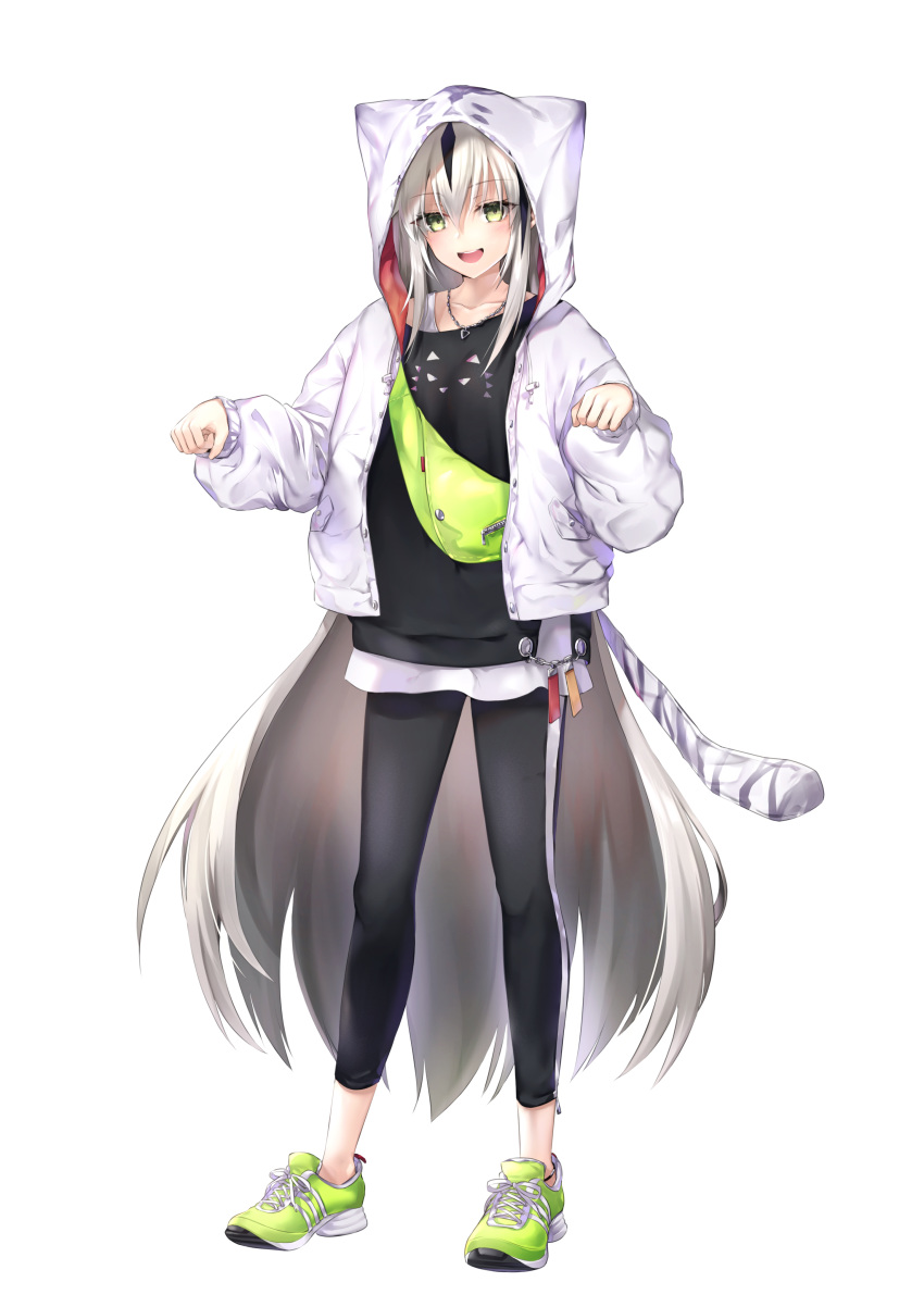 1girl absurdres black_hair black_legwear casual collar commentary_request eyebrows_visible_through_hair fate/grand_order fate_(series) full_body green_eyes green_footwear hair_between_eyes hane_yuki highres hood jacket jewelry long_hair long_sleeves looking_at_viewer multicolored_hair nagao_kagetora_(fate) necklace open_mouth shoes silver_hair simple_background smile solo standing two-tone_hair very_long_hair white_background white_hood white_jacket