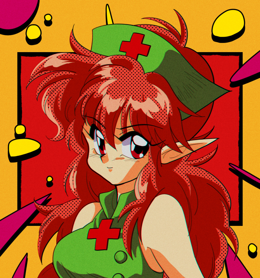 1990s_(style) 1girl araizumi_rui_(style) character_request dynamite_nurse hat highres long_hair looking_to_the_side nurse nurse_cap pointy_ears potiri02 red_eyes redhead solo