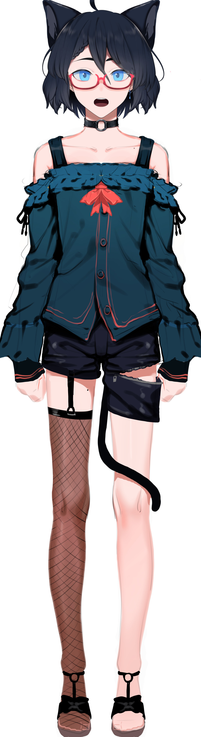 1boy absurdres ahoge animal_ears arms_at_sides bangs bare_shoulders black_choker black_hair black_shorts blue_eyes cat_boy cat_ears cat_tail choker collarbone commentary_request fishnet_legwear fishnets frills full_body garter_straps glasses highres indie_virtual_youtuber kushizaki_(vtuber) long_sleeves looking_at_viewer male_focus o-ring o-ring_choker open_mouth otoko_no_ko red-framed_eyewear red_ribbon ribbon sandals semi-rimless_eyewear short_hair shorts simple_background single_thighhigh solo st_(youx1119) standing tail thigh-highs unzipped white_background