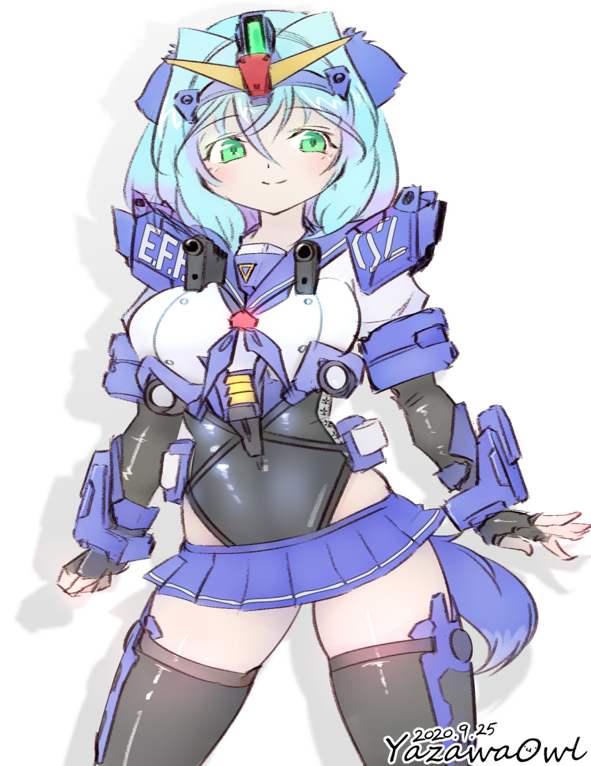1girl artist_name blue_destiny_02 blue_hair breasts clenched_hand dated green_eyes gundam gundam_side_story:_the_blue_destiny highres large_breasts light_blush looking_to_the_side mecha_musume medium_hair open_hand personification sailor_collar skindentation smile solo standing thigh-highs v-fin yazawa_owl