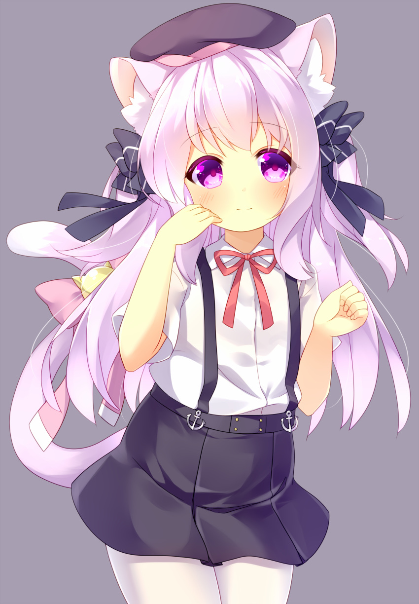 akiaki_(mofumo-freak) animal_ear_fluff animal_ears arms_up azur_lane bell black_headwear black_skirt cat_ears cat_tail grey_background hand_to_own_mouth hat highres jingle_bell kisaragi_(azur_lane) long_hair pantyhose pink_eyes pink_hair ribbon shirt simple_background skirt suspender_skirt suspenders tail tail_ornament tail_ribbon two_side_up white_legwear white_shirt