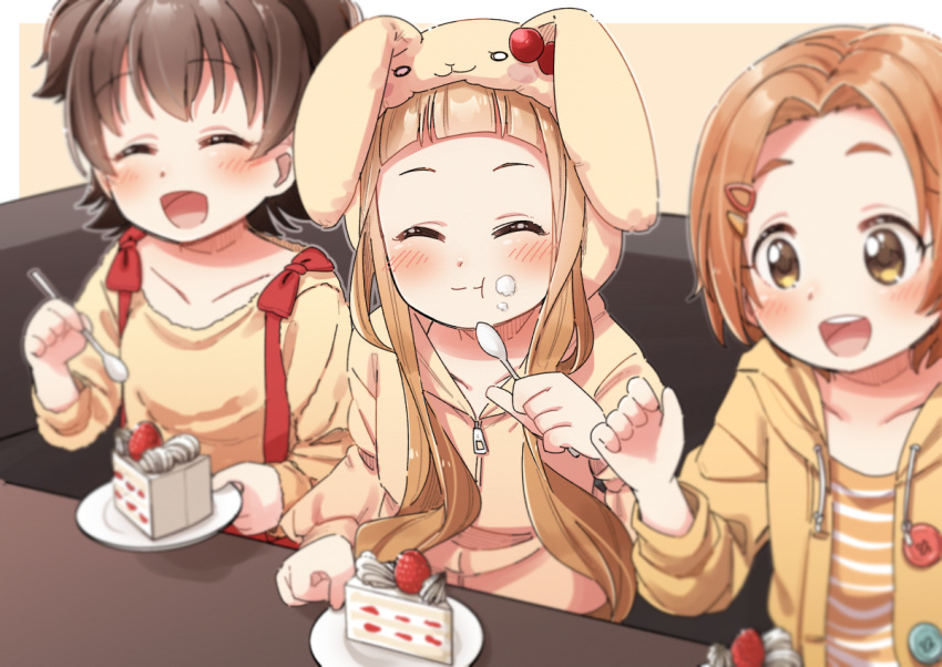 3girls :d :t ^_^ akagi_miria animal_ears animal_hood bangs black_hair blurry blurry_background blurry_foreground blush bow brown_background brown_eyes brown_hair brown_jacket brown_shirt bunny_hood cake cake_slice closed_eyes closed_mouth couch depth_of_field drawstring eating fake_animal_ears food food_on_face forehead hair_ornament hairclip holding holding_spoon hood hood_up hooded_jacket ichihara_nina idolmaster idolmaster_cinderella_girls jacket long_hair long_sleeves multiple_girls on_couch open_clothes open_jacket open_mouth parted_bangs plate rabbit_ears red_bow ryuuzaki_kaoru shirt sitting smile spoon striped striped_shirt table thick_eyebrows twintails two-tone_background upper_teeth very_long_hair white_background yukie_(kusaka_shi)