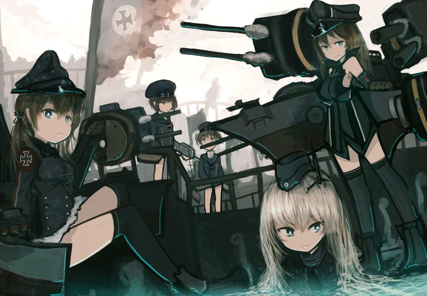 5girls bare_shoulders bismarck_(kantai_collection) black_dress black_headwear black_legwear black_sailor_collar blonde_hair blue_eyes brown_eyes brown_hair clothes_writing detached_sleeves dress eyebrows_visible_through_hair garrison_cap grey_headwear grey_legwear hair_between_eyes hat highres iron_cross kantai_collection long_hair long_sleeves low_twintails machinery mifuru military military_hat military_uniform multiple_girls peaked_cap prinz_eugen_(kantai_collection) rigging sailor_collar sailor_dress sailor_hat short_hair thigh-highs turret twintails u-511_(kantai_collection) uniform z1_leberecht_maass_(kantai_collection) z3_max_schultz_(kantai_collection)