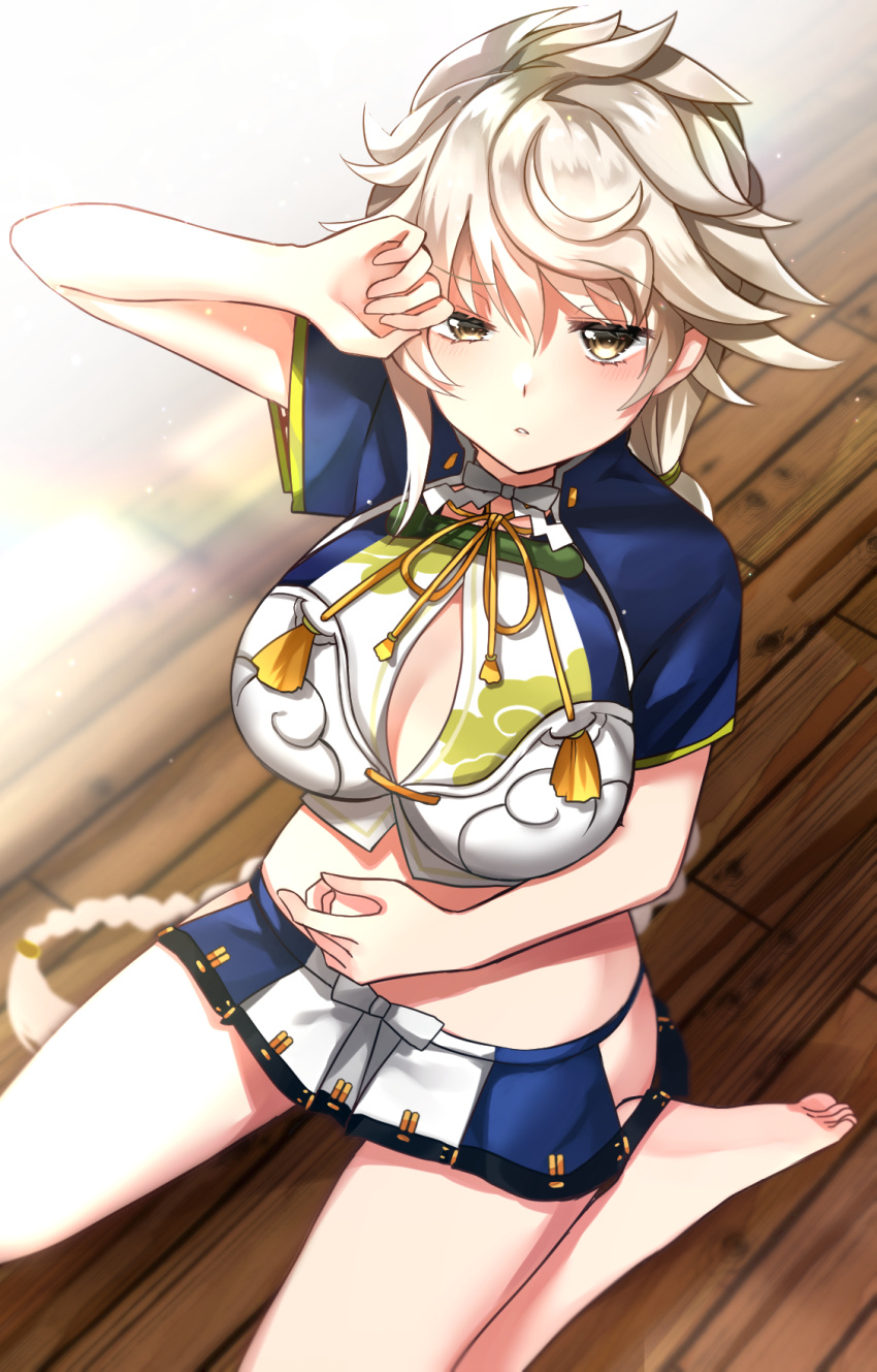 1girl barefoot braid breasts brown_eyes cleavage_cutout clothing_cutout cloud_print crop_top from_above highres hip_vent indoors kantai_collection katsuobushi_(eba_games) large_breasts long_hair looking_at_viewer microskirt on_floor silver_hair single_braid sitting skirt solo unryuu_(kantai_collection) very_long_hair waking_up wariza wavy_hair wooden_floor