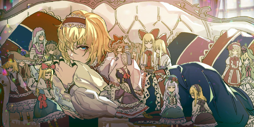 1girl alice_margatroid ascot bangs blonde_hair blue_dress blue_eyes capelet couch doll dress frilled_ascot frilled_sash frills hairband kaoru_(alicemakoto) lolita_hairband long_sleeves looking_at_viewer lying pink_hairband puffy_sleeves sash short_hair touhou