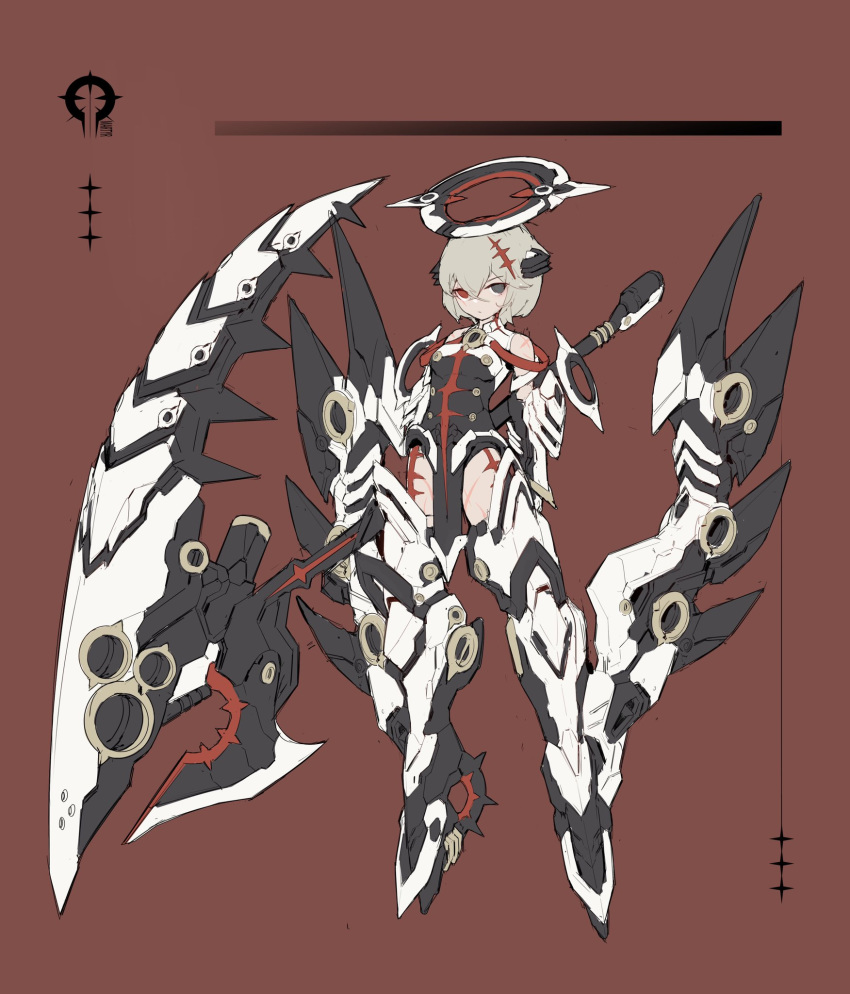 1girl bare_shoulders closed_mouth donxxxs foot_wings grey_eyes hair_between_eyes halo heterochromia high_heels highres holding holding_scythe holding_weapon huge_weapon leg_scar mecha_musume mechanical_halo original red_background red_eyes scar scythe short_hair simple_background solo weapon wings