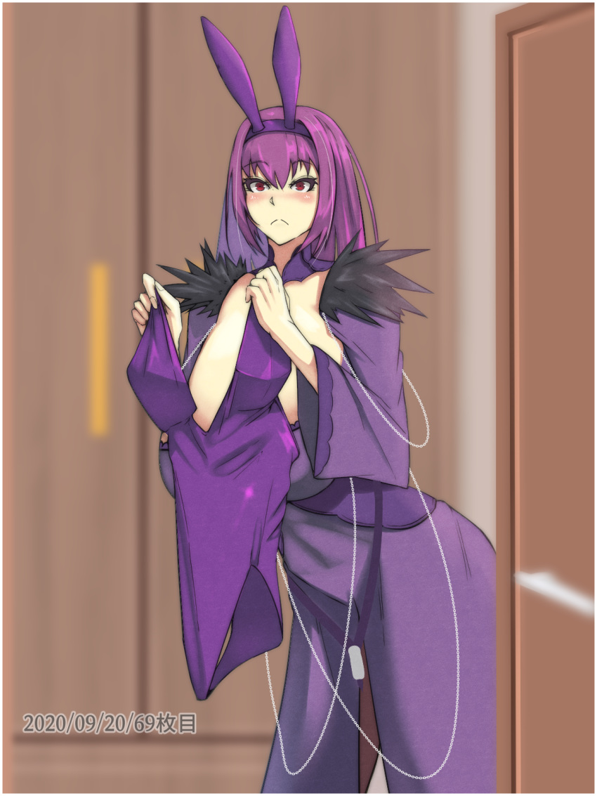 1girl animal_ears breasts bunny_girl bunnysuit detached_collar dress fake_animal_ears fate/grand_order fate_(series) feather_trim fur-trimmed_dress fur_trim hair_between_eyes headpiece highres large_breasts leotard playboy_bunny_leotard purple_dress purple_hair purple_ribbon rabbit_ears red_eyes ribbon scathach_(fate)_(all) scathach_skadi_(fate/grand_order) solo strapless strapless_leotard tiara zumizu