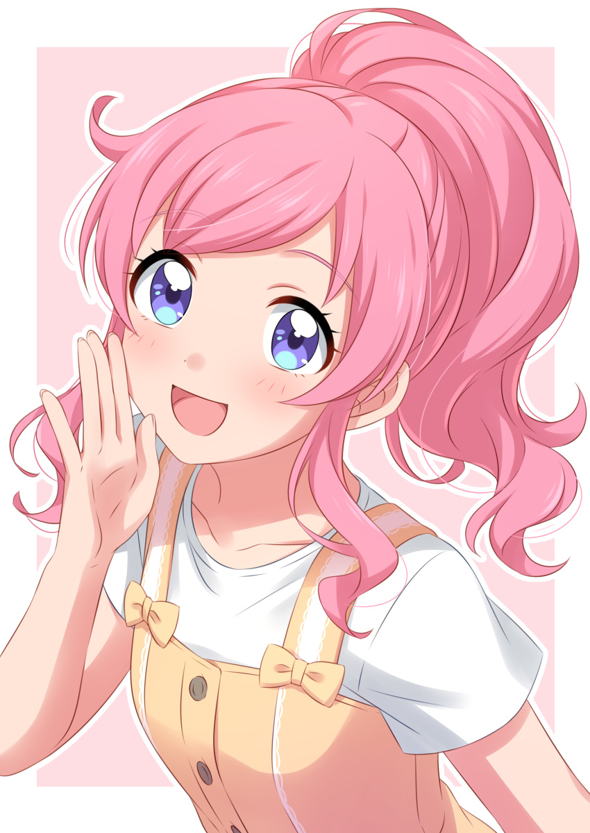 1girl absurdres blue_eyes blush border bow collarbone commentary eyebrows_visible_through_hair hand_on_own_cheek hand_on_own_face high_ponytail highres kiratto_pri_chan looking_at_viewer momoyama_mirai multicolored multicolored_eyes open_mouth overalls pink_background pink_hair pretty_(series) sekina shirt sidelocks smile solo suspenders t-shirt upper_body violet_eyes white_border