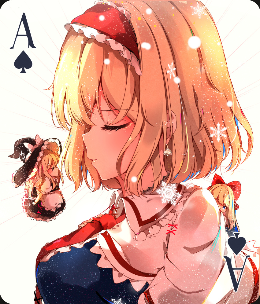 absurdres ace_of_spades alice_margatroid apron ascot blonde_hair blue_dress blue_eyes blush bow capelet closed_eyes doll dress frilled_ascot frilled_sash frills hair_bow hairband hat highres huge_filesize hunya kirisame_marisa long_hair minigirl multiple_girls puffy_short_sleeves puffy_sleeves red_bow ribbon sash shanghai_doll short_hair short_sleeves touhou witch witch_hat