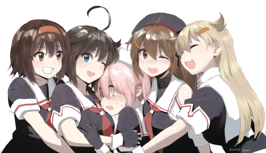 5girls ahoge asymmetrical_clothes black_gloves black_hair black_headwear black_serafuku blonde_hair blue_eyes braid brown_eyes brown_hair chagen_kokimu closed_eyes commentary_request fingerless_gloves girl_sandwich gloves grin hair_flaps hairband harusame_(kantai_collection) hug kantai_collection long_hair multiple_girls murasame_(kantai_collection) neckerchief one_eye_closed orange_hairband pink_hair red_eyes red_neckwear remodel_(kantai_collection) sailor_collar sandwiched school_uniform serafuku shigure_(kantai_collection) shiratsuyu_(kantai_collection) short_hair simple_background single_braid smile two_side_up upper_body white_background white_headwear white_sailor_collar yuudachi_(kantai_collection)