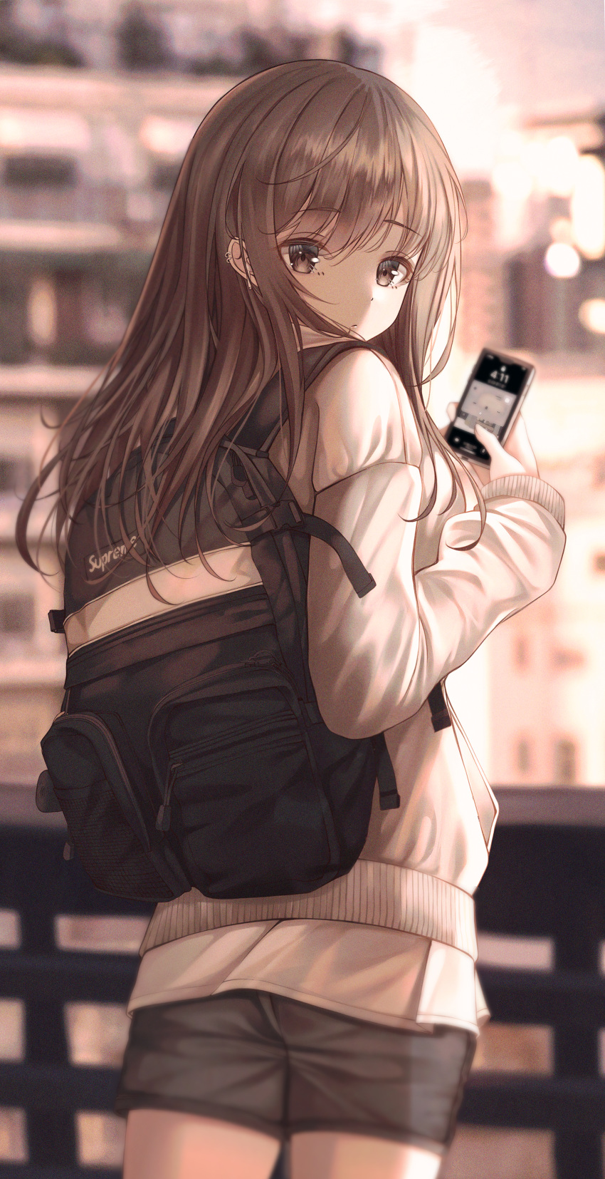1girl absurdres backpack bag brown_eyes brown_hair city closed_mouth ear_piercing highres jung5u long_sleeves looking_at_viewer looking_back original outdoors phone piercing short_shorts shorts solo standing sweater thighs