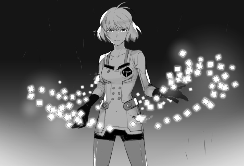 1girl bangs blunt_bangs bob_cut breasts collarbone cowboy_shot crack cube dripping floating floating_object gloves glowing gradient gradient_background injury kazunon legwear_under_shorts long_sleeves looking_at_viewer nasu_rei outstretched_hand pantyhose rain short_hair shorts smile solo wet wet_hair world_trigger
