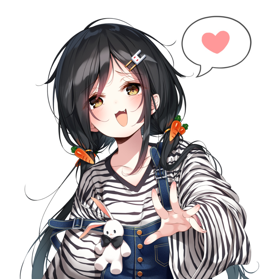 1girl :3 :d black_hair carrot_hair_ornament collarbone fang food_themed_hair_ornament hair_ornament hairclip heart highres long_hair long_sleeves looking_at_viewer low_twintails open_mouth original overalls shirt simple_background smile solo spoken_heart strap_slip striped striped_shirt twintails upper_body white_background white_shirt wide_sleeves yaya_(yayaa_00) yellow_eyes