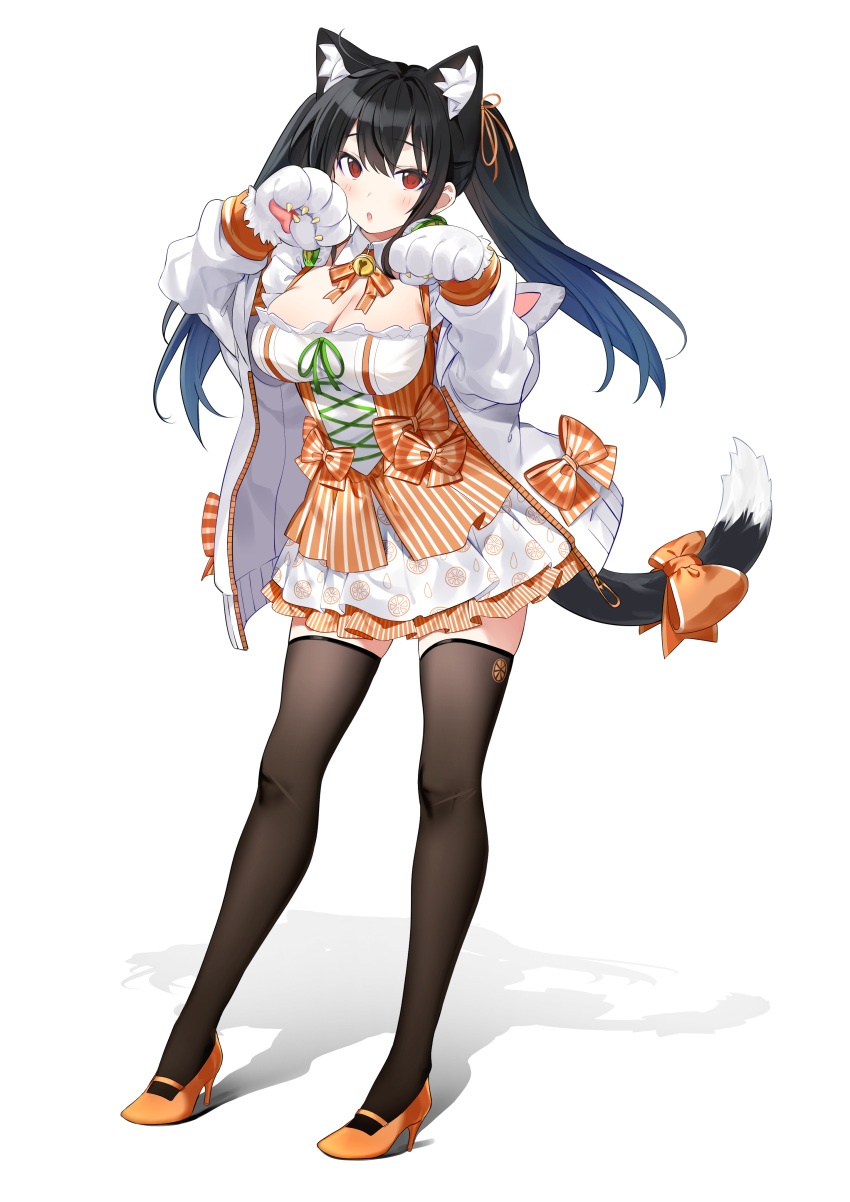 1girl :o absurdres animal_ear_fluff animal_ears bangs bell black_hair black_legwear blush bow breasts cross-laced_clothes detached_collar dress food fruit fruits_fulcute! full_body gloves hair_ribbon hands_up headphones headphones_around_neck heart high_heels highres jacket jingle_bell large_breasts legs long_hair open_clothes open_jacket orange orange_bow orange_dress orange_footwear orange_print orange_ribbon orange_slice orange_theme paw_gloves paw_pose paws print_legwear red_eyes ribbon shadow short_dress simple_background skindentation solo standing stiletto_heels striped tail tail_ribbon thigh-highs twintails unzipped vertical_stripes white_background white_jacket xretakex zettai_ryouiki zipper