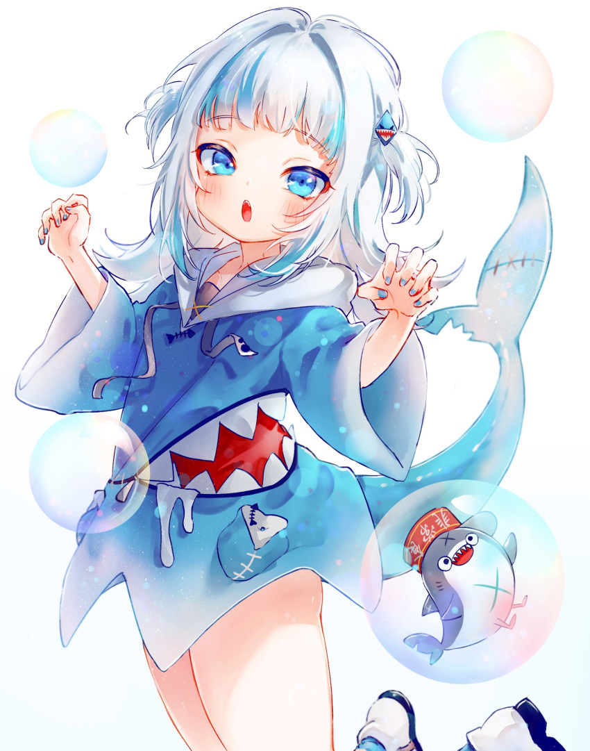 1girl :o bangs bloop_(gawr_gura) blue_eyes blue_hair blue_hoodie bubble claw_pose commentary drawstring eyebrows_visible_through_hair gawr_gura hair_ornament highres hololive hololive_english hood in_bubble jumping long_hair long_sleeves looking_at_viewer multicolored_hair open_mouth shark_girl shark_tail sharp_teeth simple_background smile streaked_hair syukonbu tail teeth two_side_up virtual_youtuber white_footwear white_hair