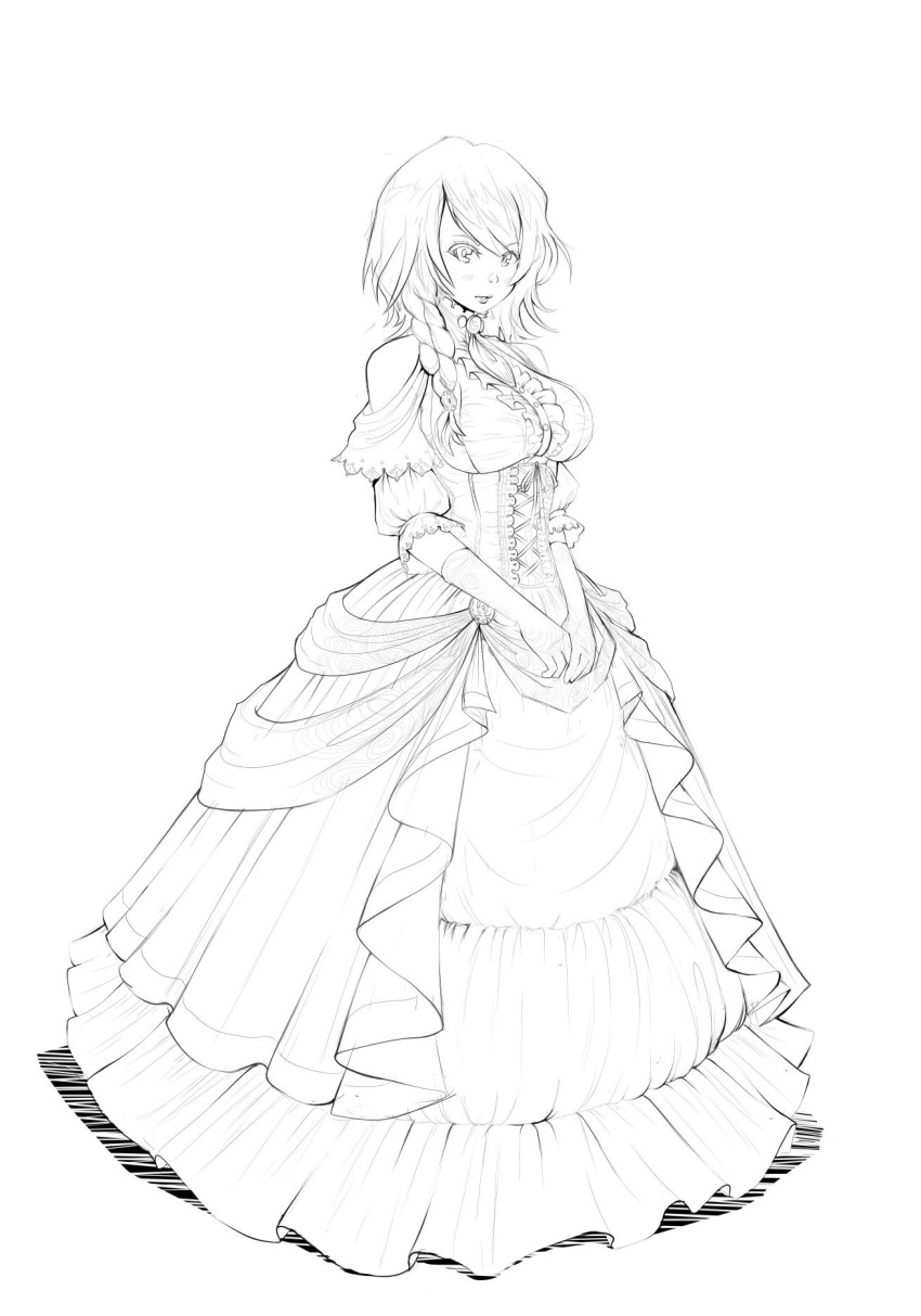 1girl aradia_(night_of_revenge) armlet bangs bare_shoulders blush braid breasts center_frills commentary_request corset dress elbow_gloves eyebrows_visible_through_hair frilled_dress frills full_body gloves greyscale hands_together highres hoop_skirt large_breasts layered_dress long_dress long_hair monochrome night_of_revenge own_hands_together parted_lips puffy_short_sleeves puffy_sleeves short_sleeves side_braid side_ponytail simple_background sketch sleeves_past_elbows solo standing swept_bangs underbust v_arms white_background