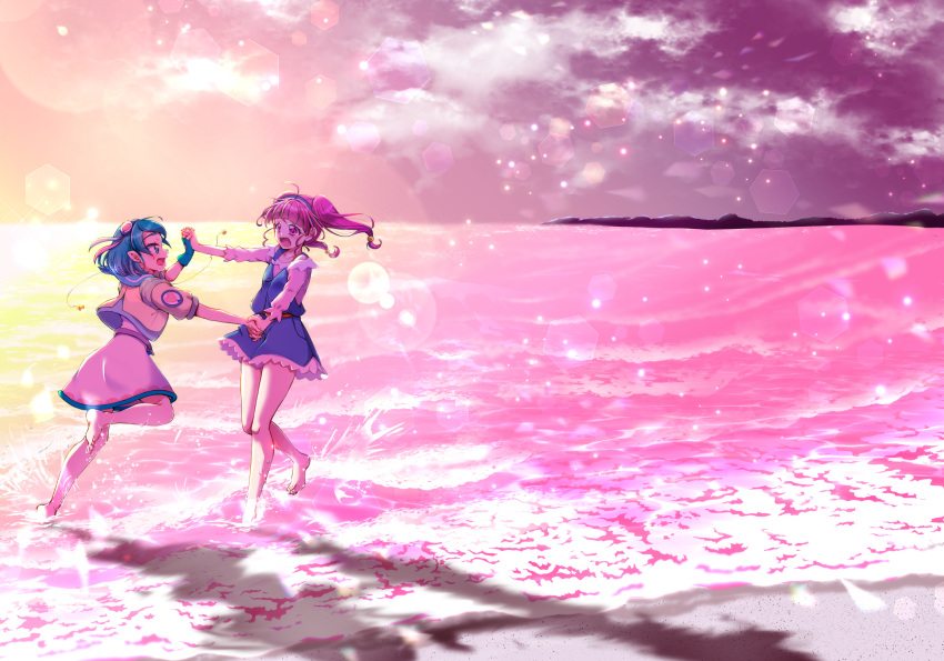2girls :d ahoge antennae aqua_hair bare_legs barefoot beach blouse blue_hairband clouds cloudy_sky commentary_request cover cover_page doujin_cover dress dusk fingerless_gloves floating_hair gloves hagoromo_lala hair_bobbles hair_ornament hairband happy heart heart_hair_ornament highres holding_hands hoshina_hikaru interlocked_fingers jacket landscape leg_up light_particles long_hair multicolored_hair multiple_girls noyuki1204 ocean open_mouth outdoors overalls partially_submerged pink_eyes pink_hair precure running sailor_collar scenery short_hair single_glove sky smile splashing star_twinkle_precure streaked_hair sunset suspenders textless twilight twintails water wet white_hair