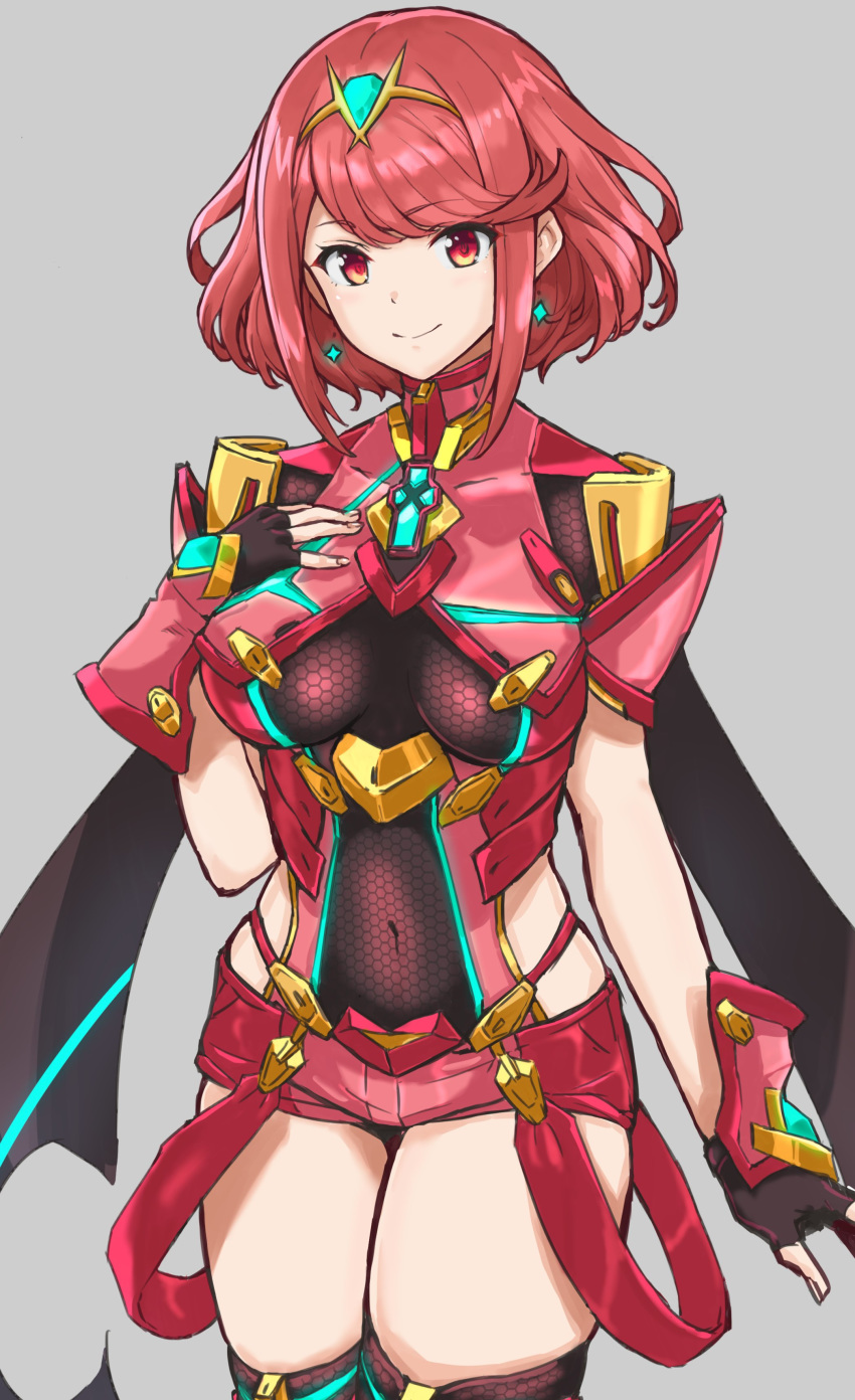 1girl absurdres bangs black_gloves breasts chest_jewel covered_navel cowboy_shot earrings fingerless_gloves gloves grey_background hand_on_own_chest highres jewelry looking_at_viewer medium_breasts pyra_(xenoblade) pyra_rin red_eyes red_legwear red_shorts redhead short_hair short_shorts shorts simple_background smile solo swept_bangs thigh-highs tiara xenoblade_chronicles_(series) xenoblade_chronicles_2