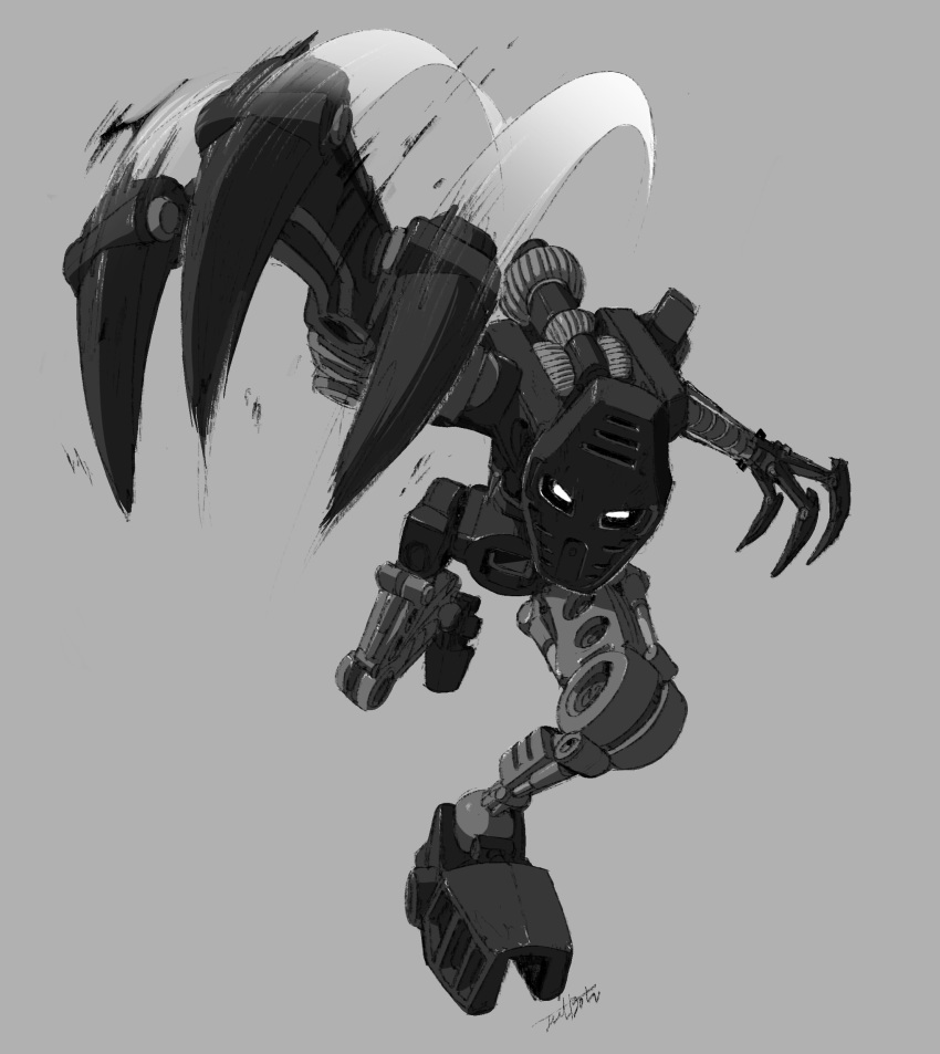 1boy absurdres bionicle claws gears grey_background highres jeetdoh kanohi_(bionicle) mask monochrome no_humans onua_(bionicle) robot slashing the_lego_group white_eyes