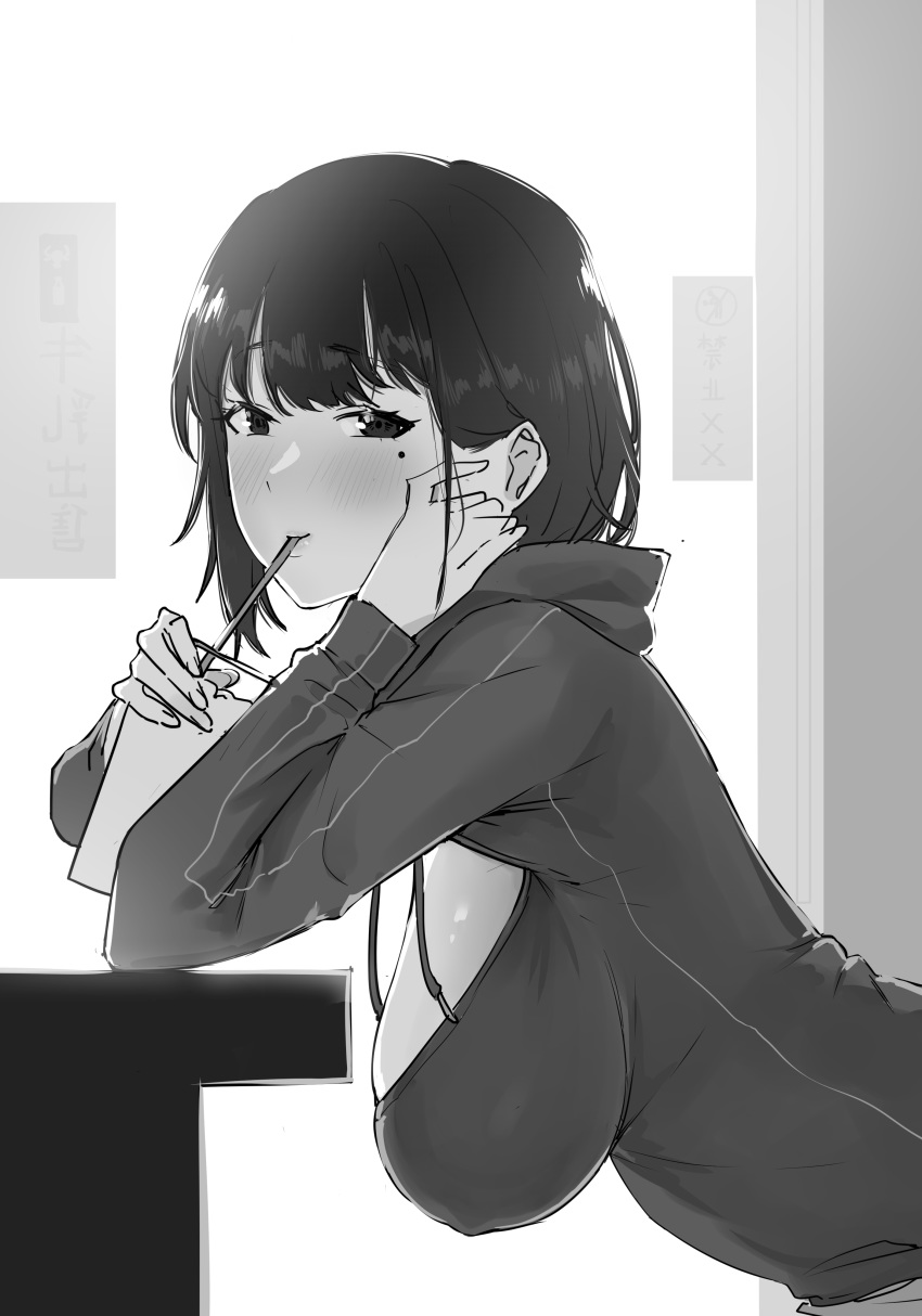 1girl absurdres bangs breasts commentary_request covered_nipples cup dawalixi disposable_cup drinking drinking_straw from_side greyscale hanging_breasts highres large_breasts leaning_forward looking_to_the_side mole mole_under_eye monochrome original short_hair sideboob table