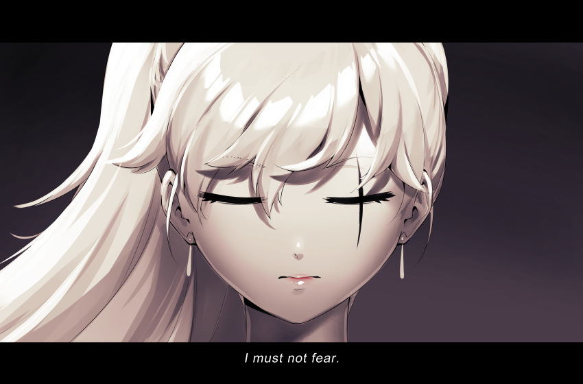 1girl absurdres close-up closed_eyes dune_(movie) earrings english_text eyebrows_visible_through_hair face highres jewelry lips long_hair lulu-chan92 parody rwby scar scar_across_eye sepia side_ponytail silver_hair solo subtitled weiss_schnee