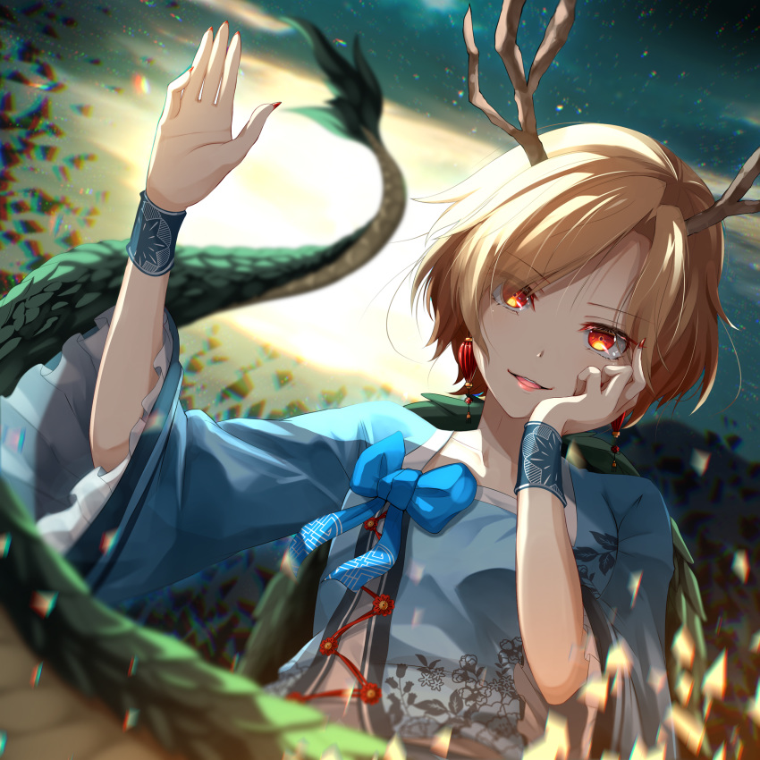 1girl arm_up armband backlighting bangs blonde_hair blue_bow blue_neckwear blue_shirt blurry_foreground bow bowtie chromatic_aberration commentary_request constricted_pupils dragon_girl dragon_horns dragon_tail earrings eyebrows_visible_through_hair eyelashes eyes_visible_through_hair fingernails floral_print flower_ornament frilled_sleeves frills glowing hand_on_own_cheek hand_on_own_face highres horns jewelry kicchou_yachie long_fingernails long_sleeves multicolored multicolored_eyes open_mouth parted_bangs parted_lips red_eyes red_nails shards sharp_fingernails shiro_1213 shirt short_hair smile solo square_neckline tail touhou turtle_shell waving yellow_eyes